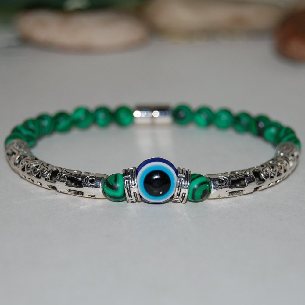 Evil Eye Bracelet,Green Bracelet,6mm Beads and Long  Tube Charm,Hamsa Bracelet